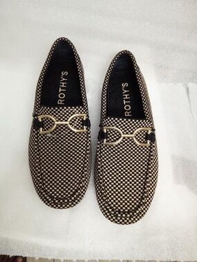 Rothy's The Double Bit Cream Checkered Slip-On Loafers with Gold Horsebit.
